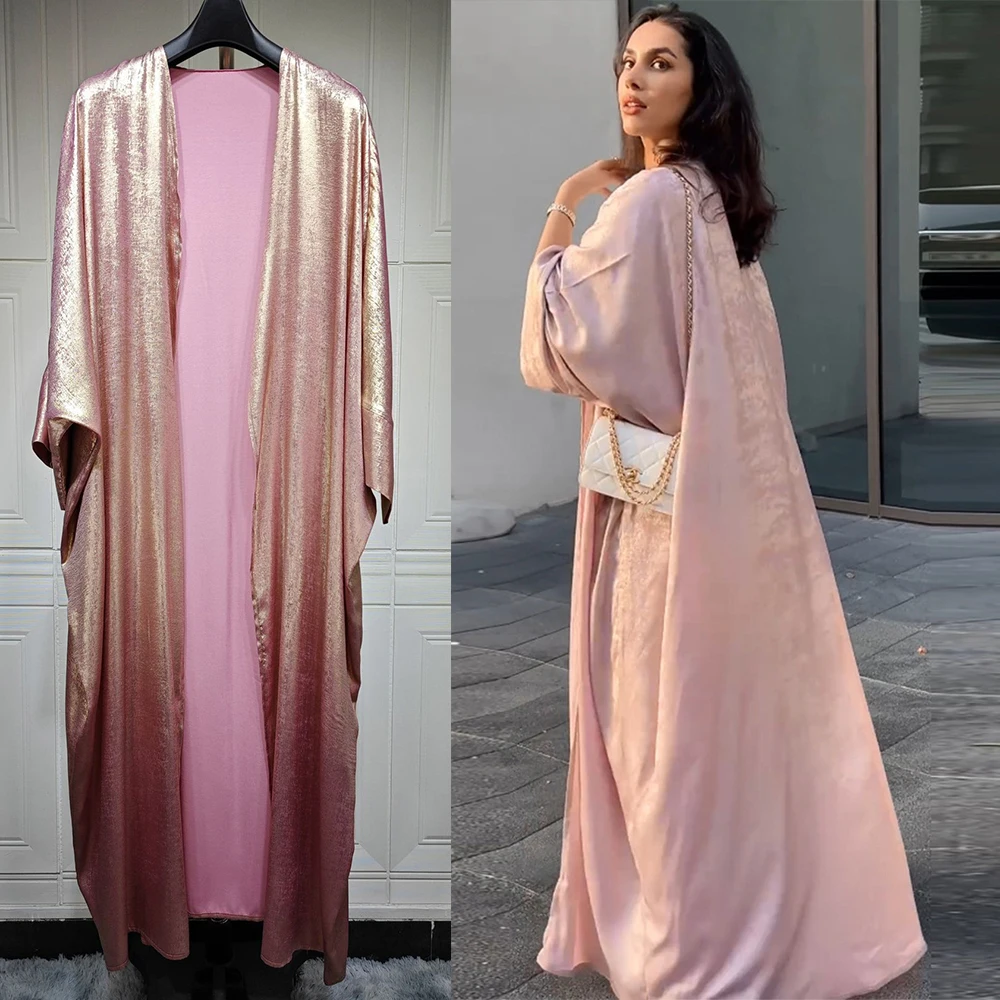 Ramadan Eid Shiny Batwing Satin Open Kimono Abaya Dubai Luxury Muslim Abayas For Women Kaftan Dress Islamic Clothing Femme Robes