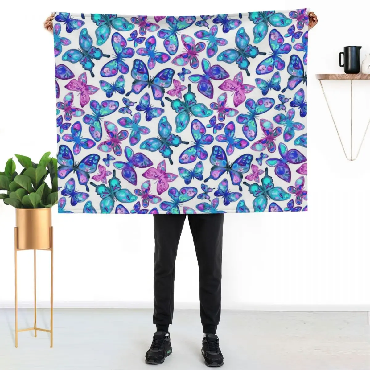 Watercolor Fruit Patterned Butterflies - aqua and sapphire Throw Blanket Warm Flannel Blanket for Couch Chair Bedroom