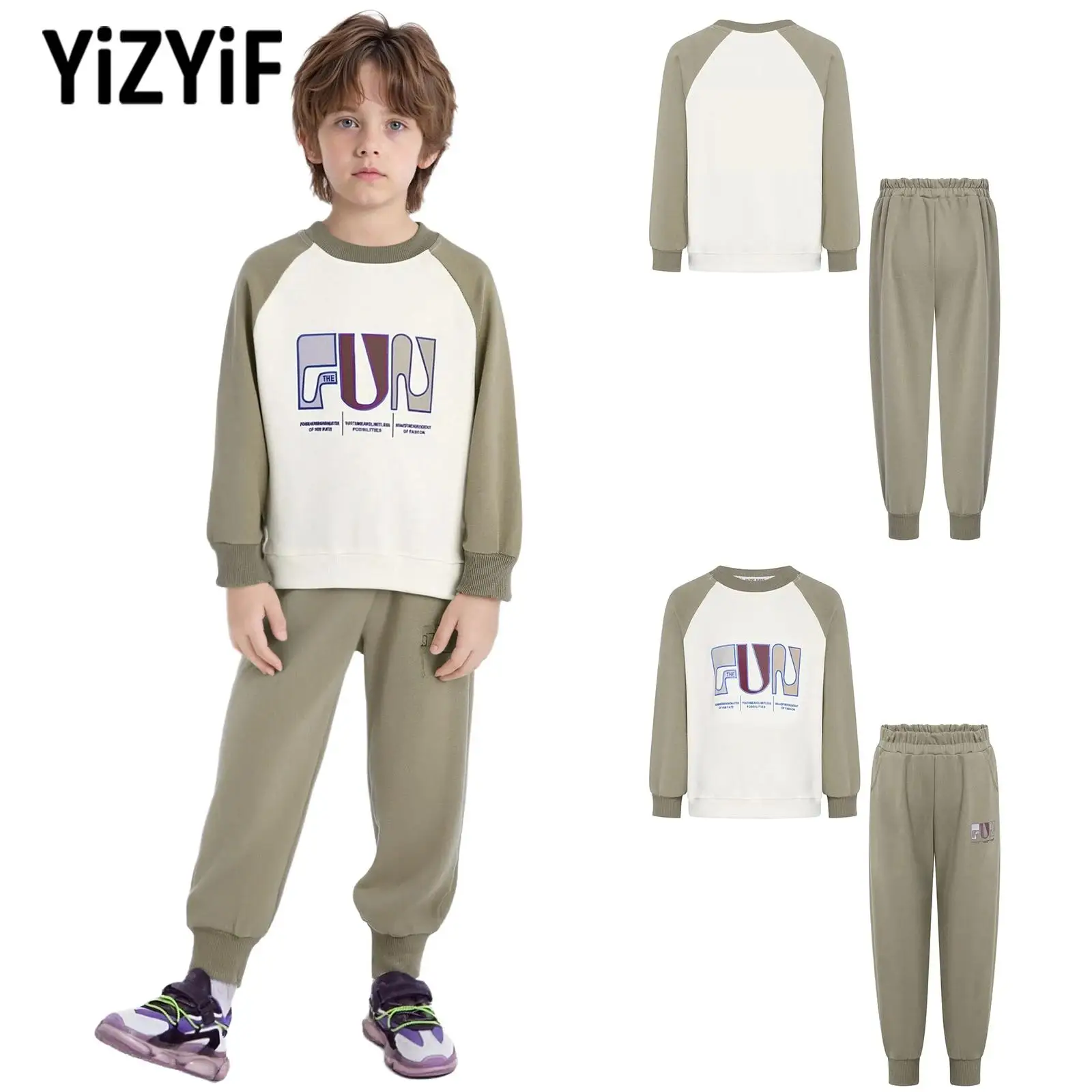

Boys Stylish Sports Outfit Long Raglan Sleeves Pullover Sweatshirt+Sweatpants 2-piece Set for Fitness Workout Casual Daily Wear