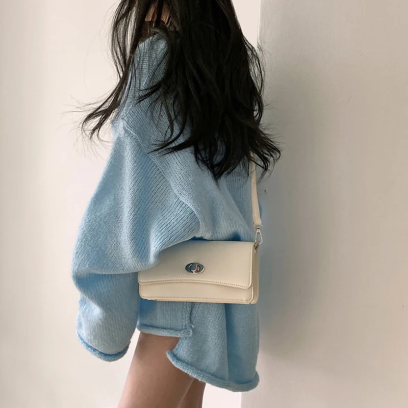 Korean Autumn New Retro Loose Sweater Sweet V-neck Rolled Edge Fashion Pullover Sweater Casual Blue Knitted Top for Women image 4