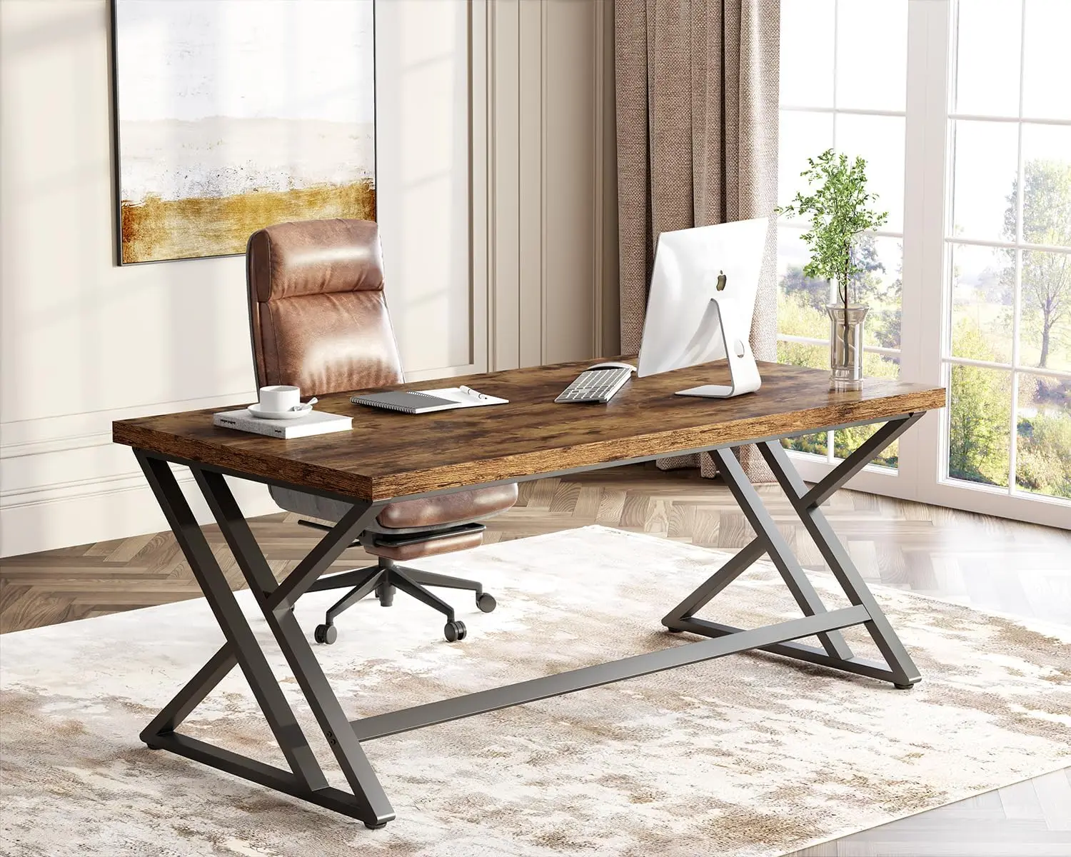 Rustic Computer Desk, 55 Inch Metal Wood Home Office Desk, Industrial Study Table with Storage for Bedroom