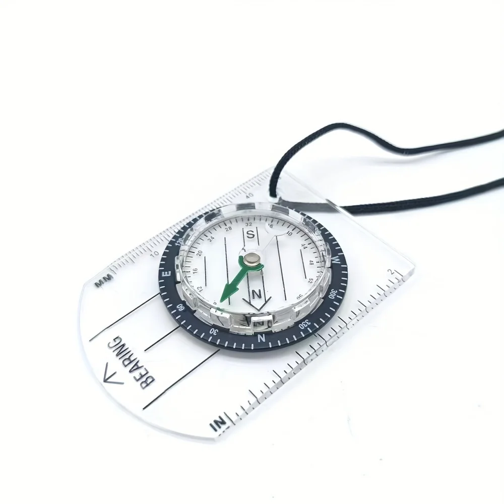 1 Mini Acrylic Outdoor Hiking Compass, Portable Lanyard Compass with Scale and Ruler