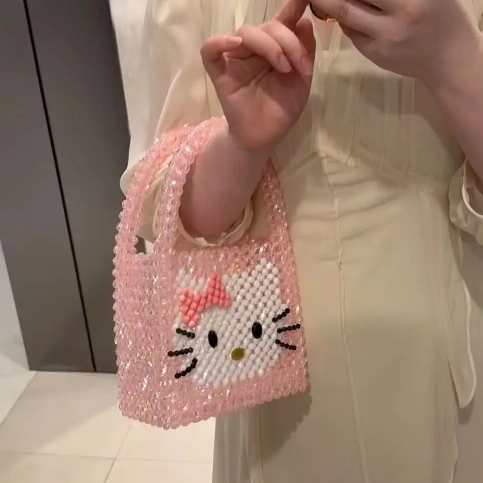 Hello Kitty Fashion Crystal Beaded Evening Handbag Kawaii All-match Children Y2k Travel Beach Bag Pearl Chain Tote Pouch Gifts