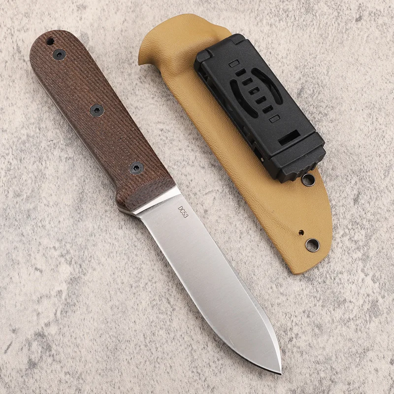 RHON 3.85inch DC53 Blade Linen Handle Fixed Blade Knife Outdoor Hunting Camping Survival Striaght EDC Knives with Kydex Sheath