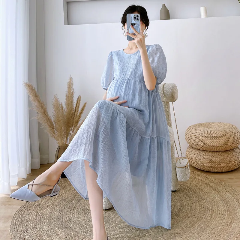 Maternity Dress Summer 2026 Minimalist Loose Comfortable Breathable Puff Sleeve Round Neck A Line For Pregnant Versatile