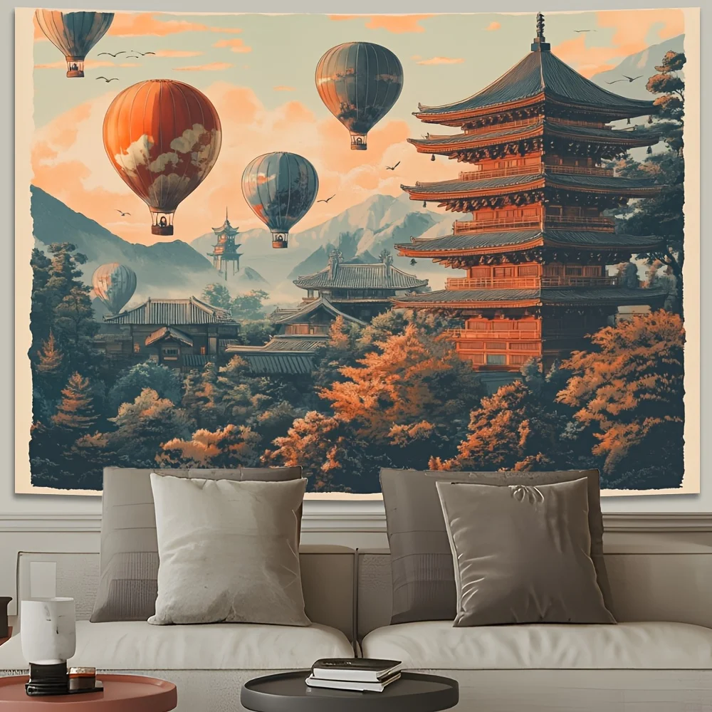 Яркий гобелен с воздушным шаром и восходом солнца — спокойный горный пейзаж с красной пагодой, пастельным небом и пышной зеленью