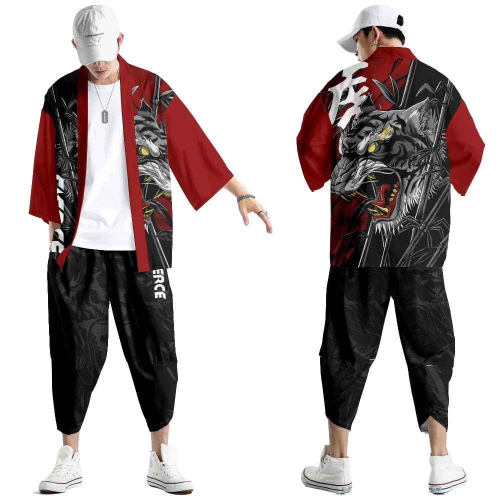 Two-piece Suit XXS-6XL Japanese Cardigan Women Men Anime Tiger Cosplay Yukata Clothing Harajuku Samurai Kimono + Pants Sets