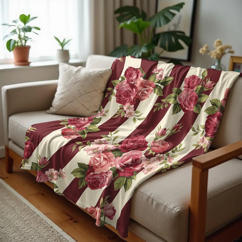 Burgundy Stripe Rose Ultra Soft Sherpa Fleece Blanket Fluffy Warm Halloween Cozy Throw for Sofa Couch Bedroom Gift All season