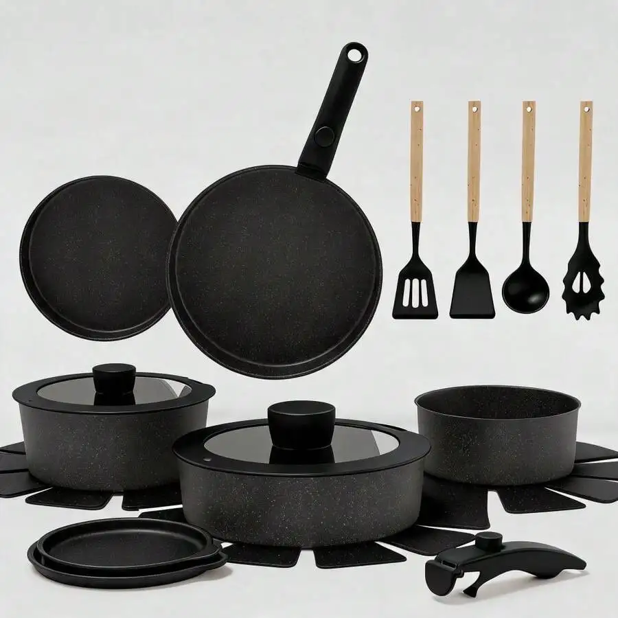 19 Piece Non-Stick Pots And Pans Set, Detachable Handle Cookware Frying Pans, Sauté Pan, Stockpot, Steamer, Compatible With Gas,