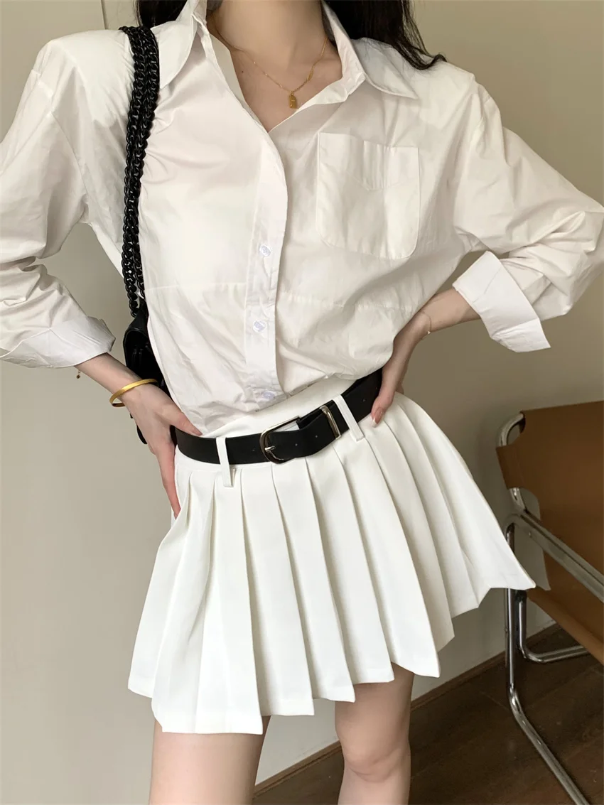 PLAMTEE 2024 Hot Sale Women Solid Shirts New Pleated Mini Skirts Summer Elegant Office Lady High Street Casual Work Wear Suits