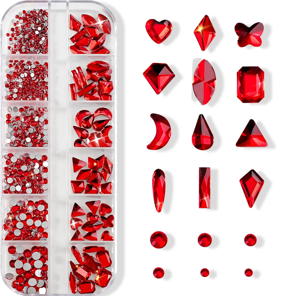 12grid Sexy Red Crystal Nail Art Rhinestones 3D Sparkly Flatback Glass Diamond&Mixed Size Round Gems Nail Jewelry Nail Diamonds