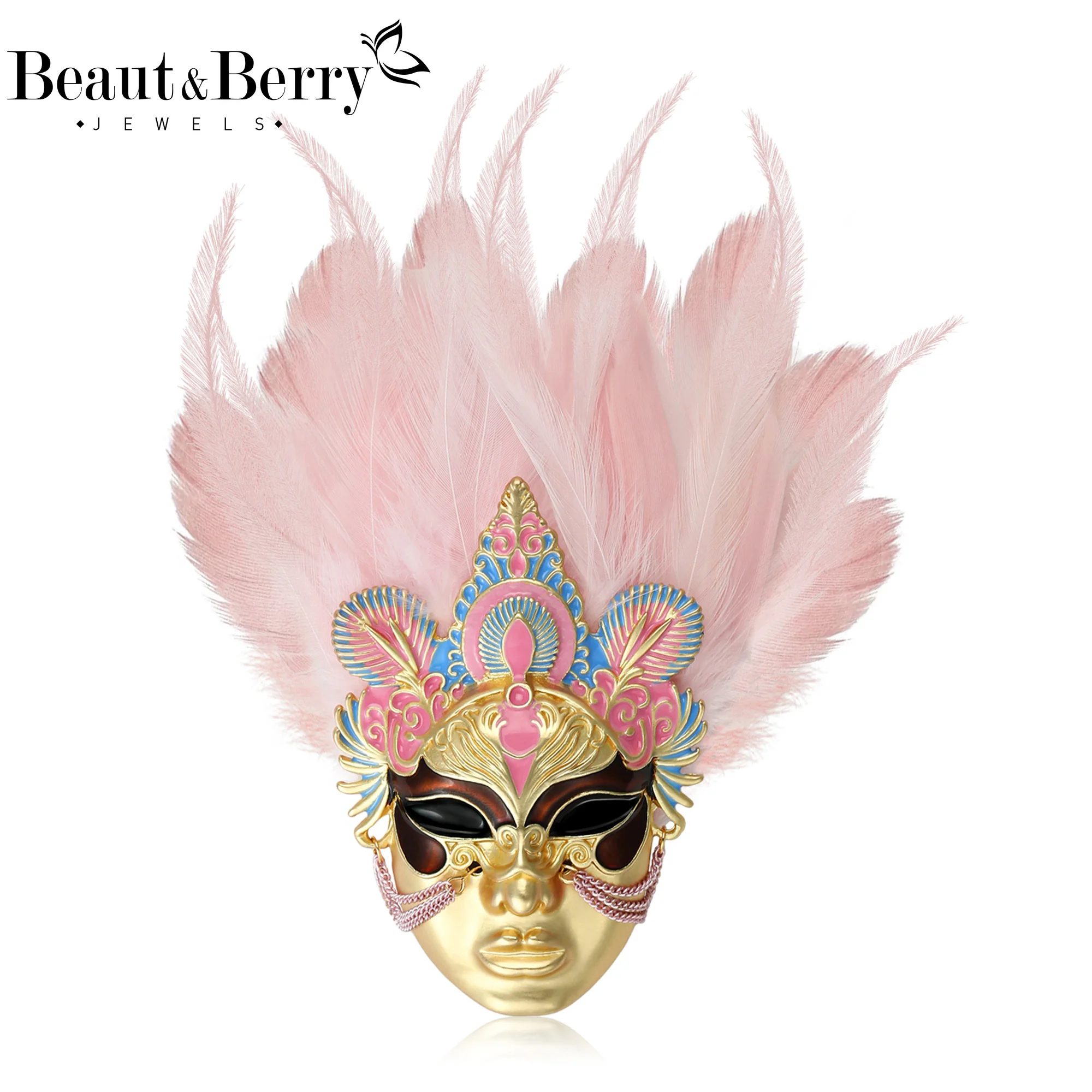 Beaut&Berry Trendy Feather Masked Girls Brooches for Women Unisex Masks Pins Casual Party Accessories Gifts Friend Decoration