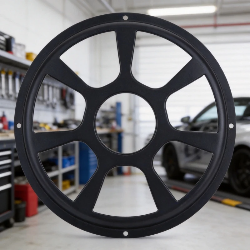Black Speaker Cover with Metal Open Design Frame and Mounting Openings for Vehicle Speaker Trim and Finish Detail H9EE