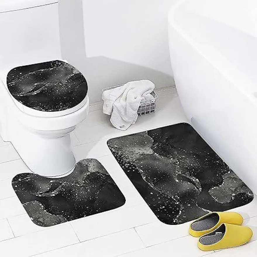 Bathroom Rugs Set 3 Piece Black Silver Gorgeous Marble Bath Rug Mat Set, Non Slip Absorbent Bathroom Decor Mat