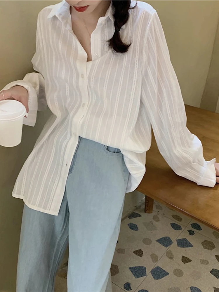 Zoki Casual Korean Striped White Shirt Women Fashion Simple Long Sleeve Loose Blouse Fall Lazy Wind Oversize Chic Sweet Tops New