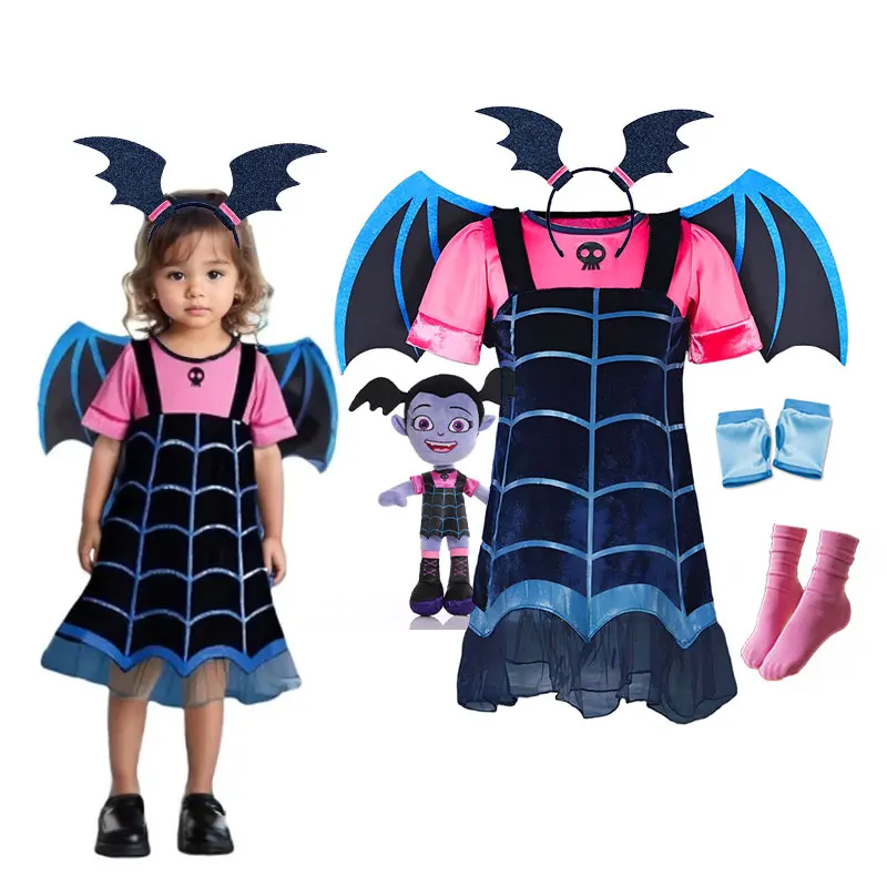Kid Spider Web Print Design Dress up With Bat Wings Girls Halloween Apparel Junior Vampire Costume Play Movie Exquisite Outfit