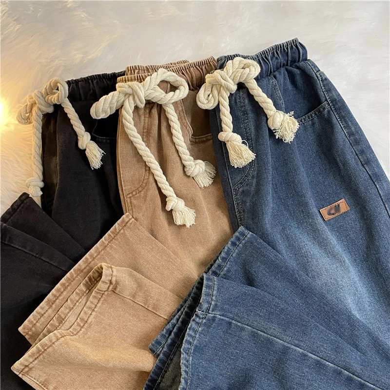 Korean Style Vintage Denim Pants Man Spring Autumn Elastic Waist Bandage Brown Straight Jeans High Street Loose Wide Leg Pants