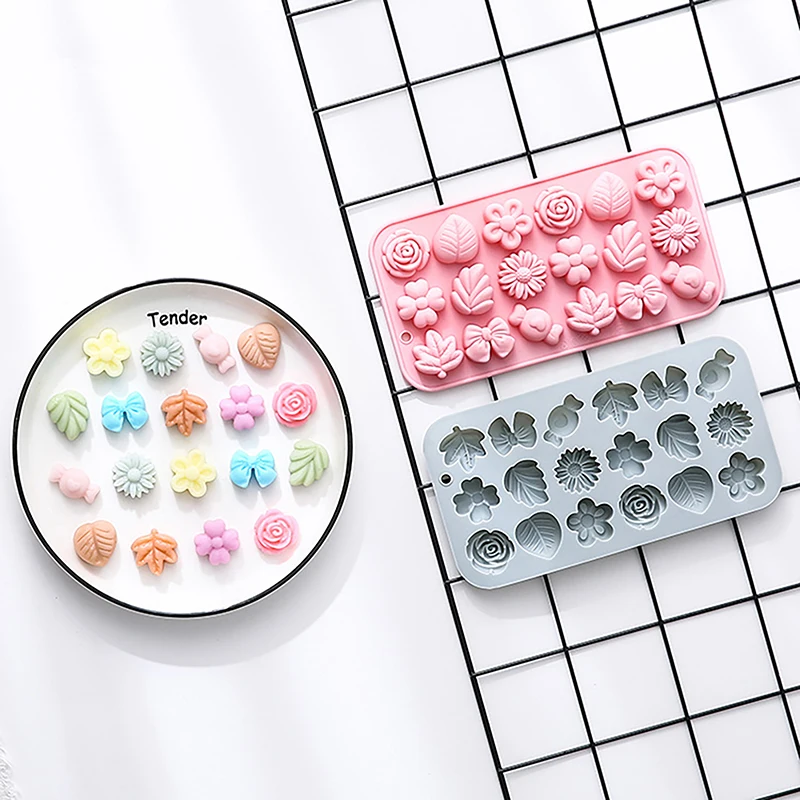 1Pc 18 Cavities Flower Silicone Molds DIY Rose Flower Candy Molds Rose Leaf Bow Tie Shape Molds Pudding Soap Cookie Molds