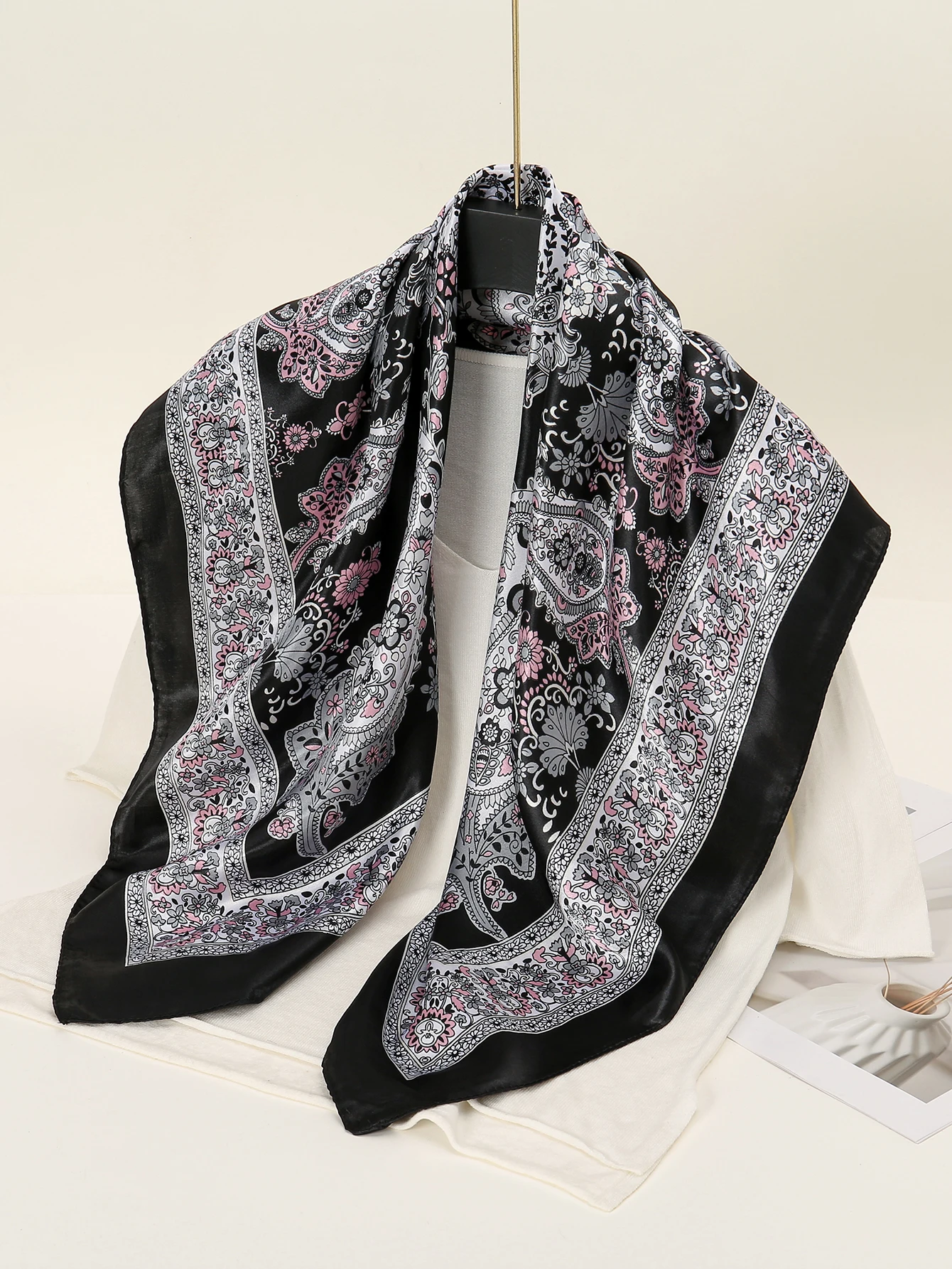 Paisley Branches Pattern Square Scarf Silk Satin Hijab Muslim Women Bandana Fashion Outdoor Sunscreen Kerchief 90*90cm