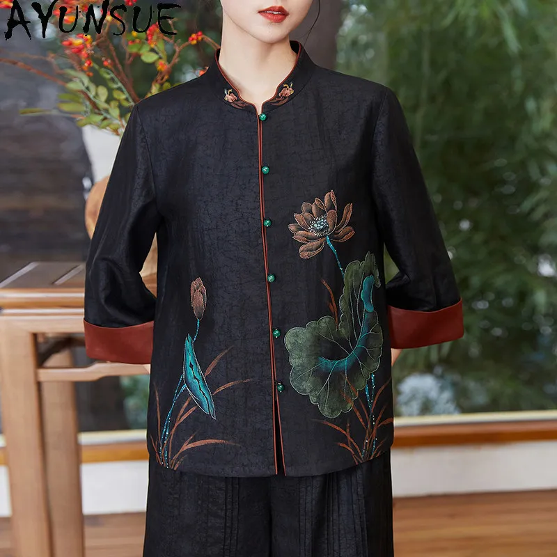 AYUNSUE 100% Mulberry Silk Coats for Women Xiangyunsha Elegant Women Tops Embroidered Autumn Women Clothing 2026 Tops De Mujer