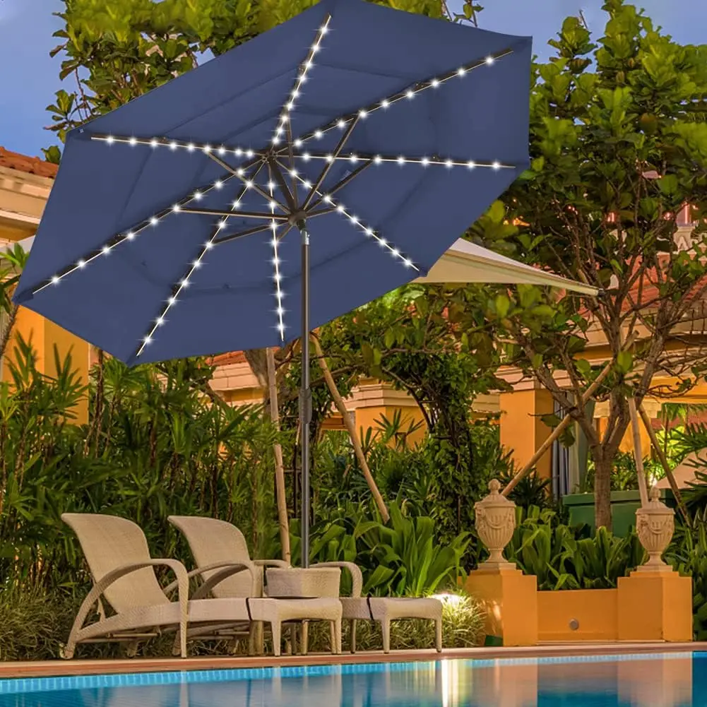 USA 10-Year-Non-Fading Solar 9ft 3 Tiers Market Umbrella with 80 LED Lights Patio Umbrellas Outdoor Table with ,Navy Blue