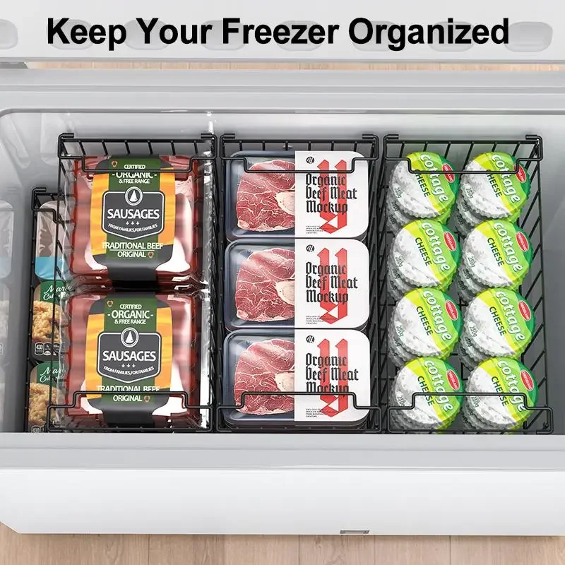 Upgraded Metal Freezer Organizer Bins 2/4/6/8 Pack Stackable Wire Storage Baskets for 5/7 Cu.FT Deep Chest Freezers Heavy-Duty Anti-Rust Kitchen Pantry Refrigerator Organization Airflow-Friendly