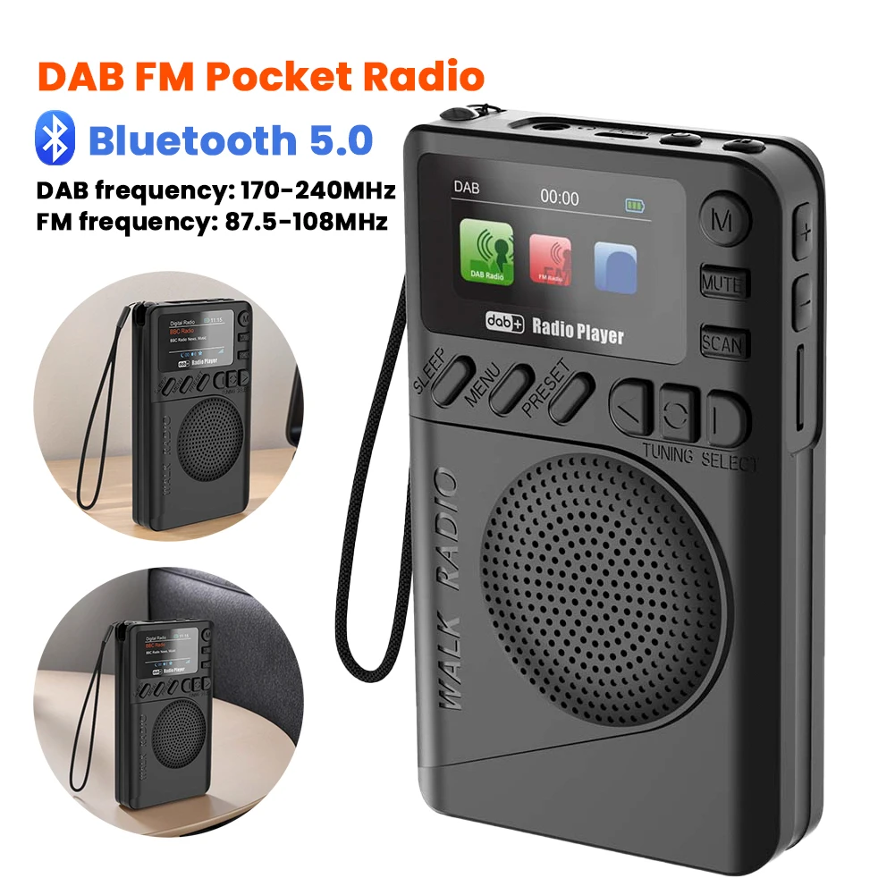 راديو رقمي صغير DAB FM مع مقبس سماعة الرأس وشاشة ملونة وراديو الجيب BT5.0 ومكبر صوت تشغيل MP3 لتشغيل الرياضة