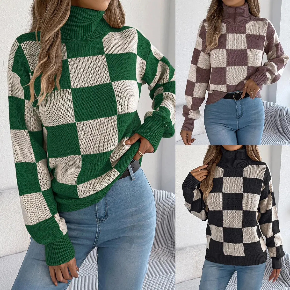 

Autumn Winter Casual High Ne Color Blo Plaid Long Sve Sweater Lantern Sve Cross Border Women's Faion Knitted Top