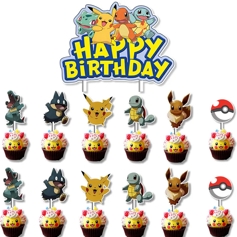 13 unids/set Pikachu decoración de tarta niños Feliz cumpleaños lindo Pokemon papel figura de Anime adornos de pastel suministros para hornear regalos