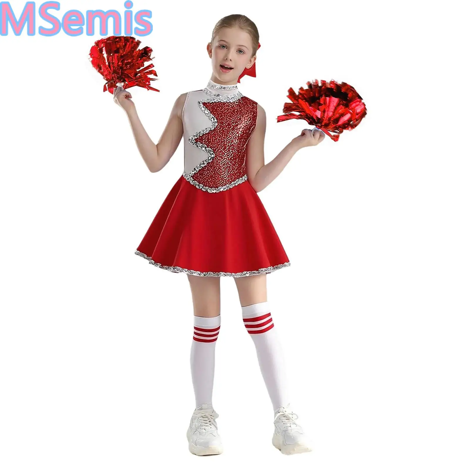 

Kids Girls Glittery Cheerleading Cheer Leader Dance Outfits Sleeveless Zipper Sequins Dress with Headwear Flower Balls And Socks