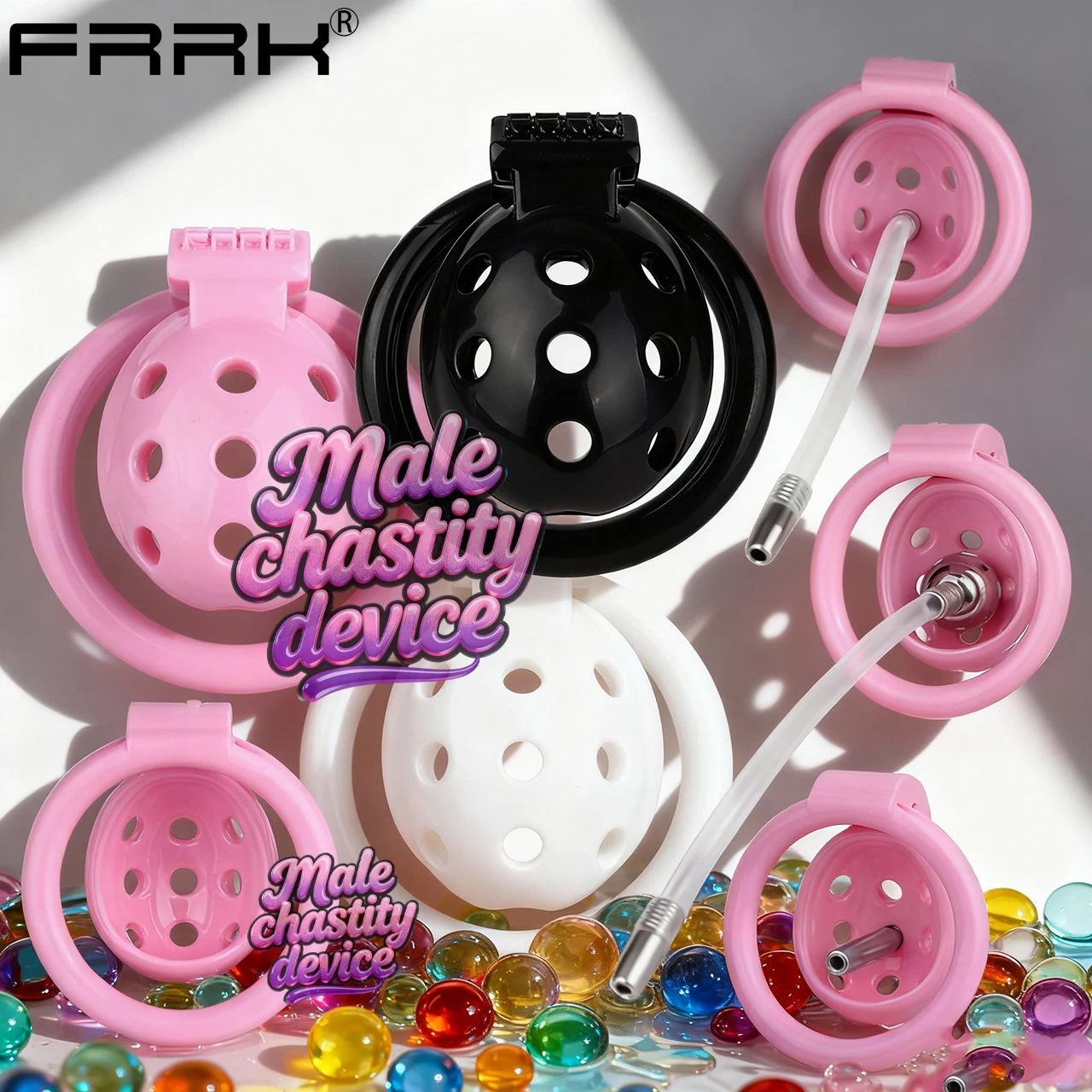 FRRK Sissi Pink Lightweight ABS Male Chastity Cage Set With 4 Sizes Cockrings Erotic Penis Urethral Lock Sexys Toy for Men Gay