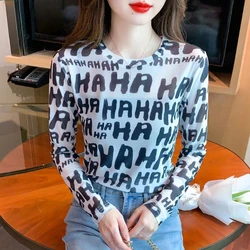 Spring Autumn Round Neck Letter Printing Pullover Long Sleeve Women's Clothing T-shirt Casual Office Lady Summer All-match Tops
