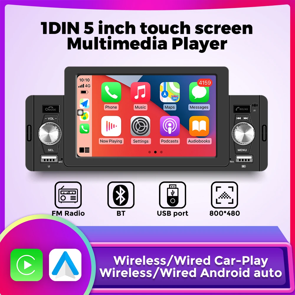 

2024 Wireless/Wired Car-Play Android auto 1DIN 5 inch Universal touch screen Multimedia Video Player Video Smart BT TF FM Radio