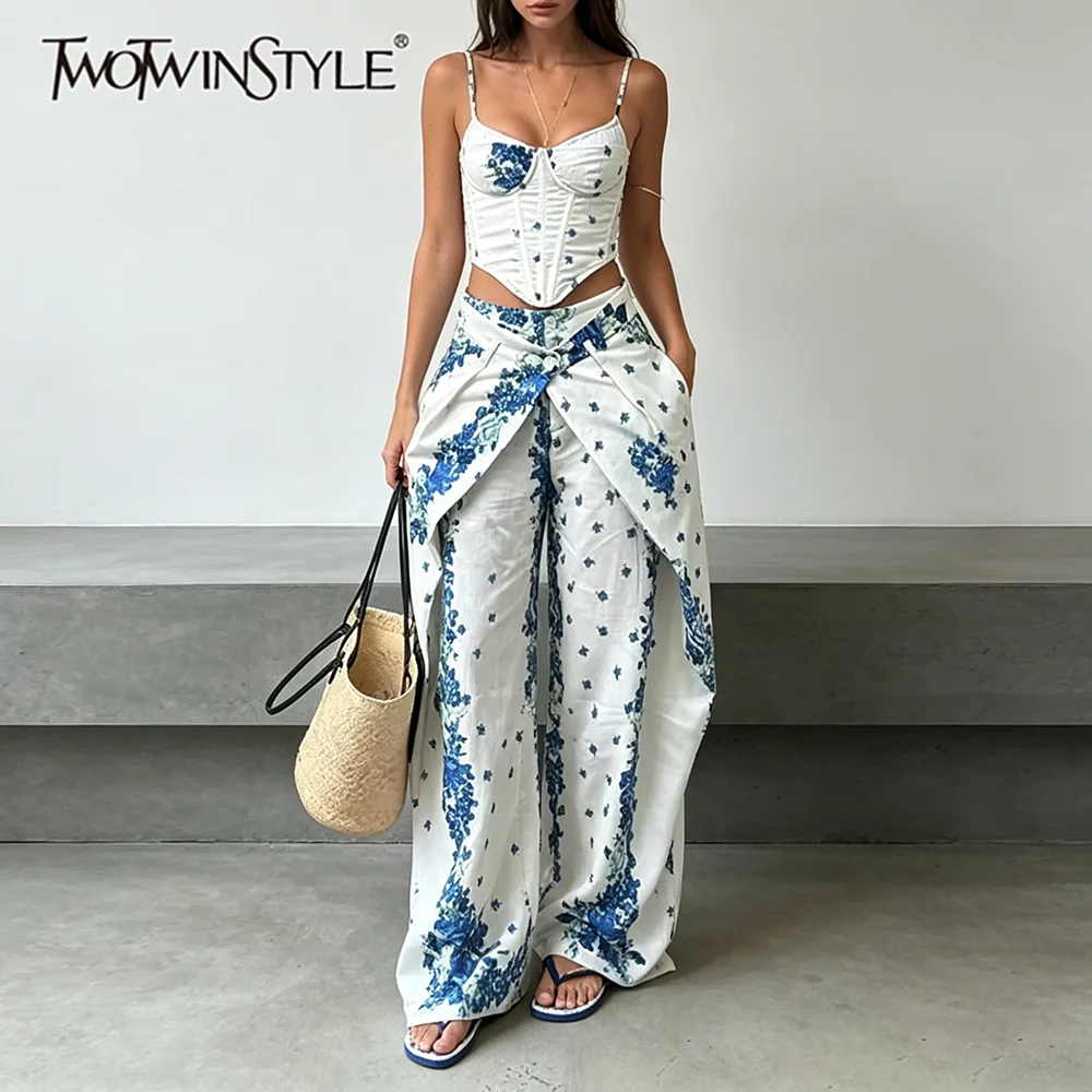 TWOTWINSTYLE Boho Floral Print Two Piece Set for Women Slim Fishbone Accent Corset Wrap Wide Leg Pants Suit for Vacation Beach