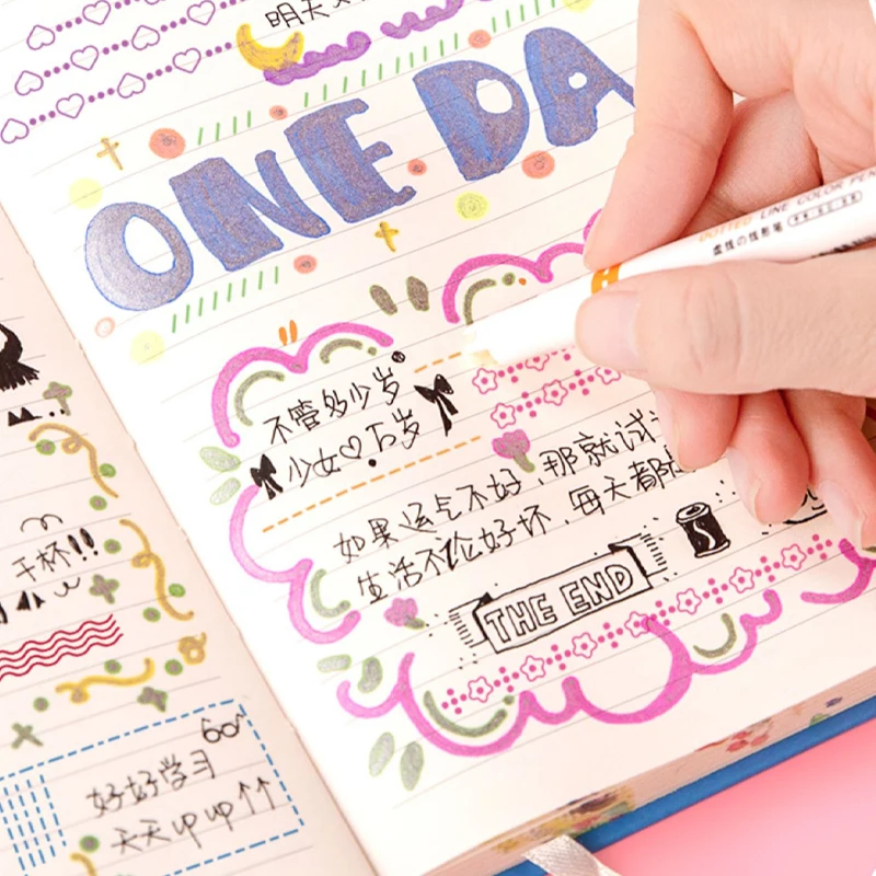 6 ピース/セットかわいい花ライン形蛍光ペンローラーチップカーブライナーマーカー書き込みジャーナリング描画文具