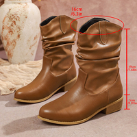 Pleated  Cowboy Boots Women Western Style Mid Calf Boots Woman Autumn Winter Plus Size Fashion Chunky Hees Botas Size 36-43