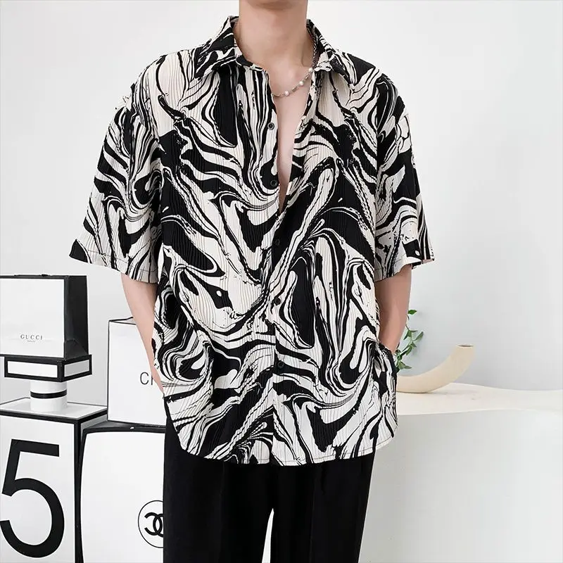 

2024 New High-end Tie-dye Ice Silk Shirt Men Short Sleeve Niche Design Thin Loose Casual Korean Harajuku Summer Mens Shirts