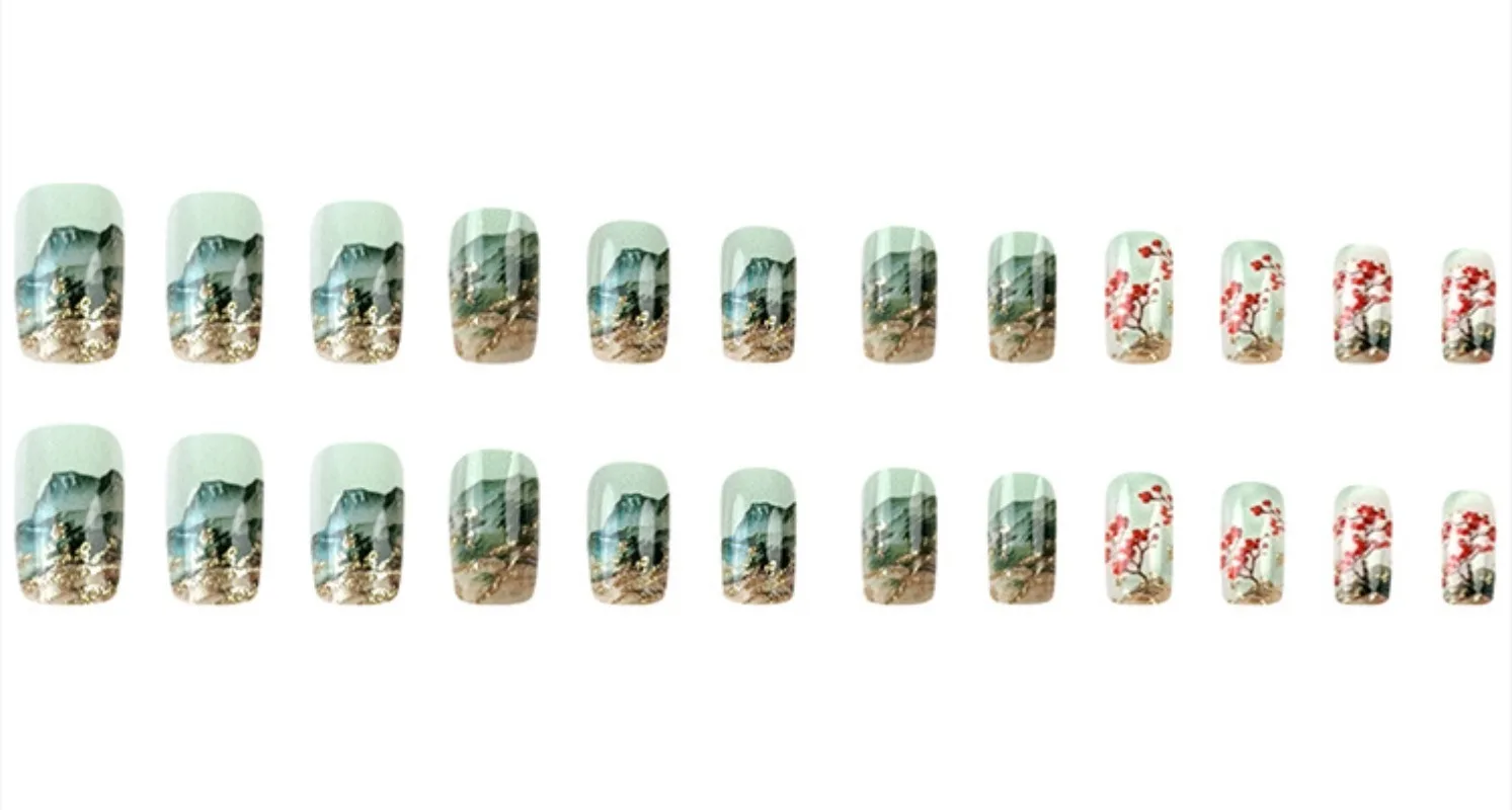 24 Stück Green Fields Press on False Nail mit Kleber Glitzer Französischer quadratischer Fake Nail Full Cover Nature Design Wearable Maniküre Nail – Detail 5
