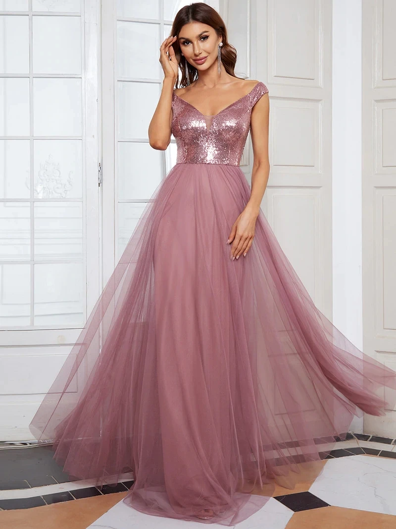 Elegant Evening Dresses A-LINE Sleeveless V-neck Long Sequins 2024 ever pretty of Simple Prom Dress Women