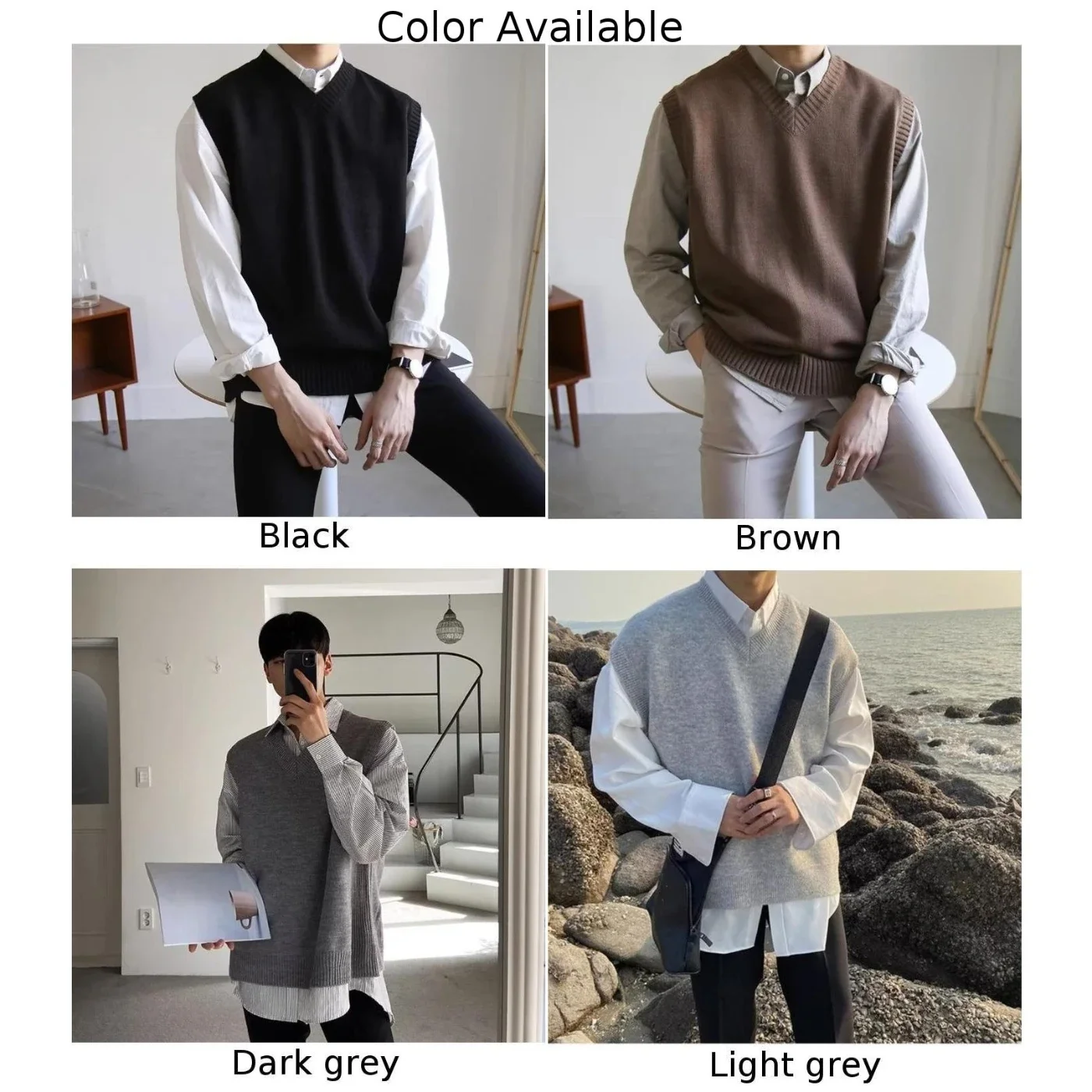 Grandad Sweater Pullover pria, pakaian rajut klasik leher V gaya hitam/abu-abu gelap/abu-abu muda/coklat