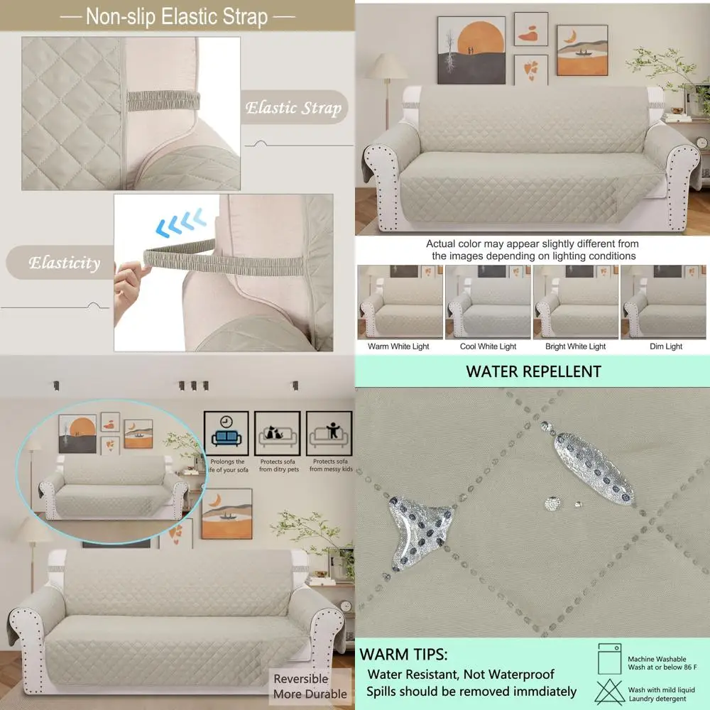 

Water-Resistant Elastic Strap Sofa Cover for XL Size Couch, Beige/Beige, Pet-Friendly Protector