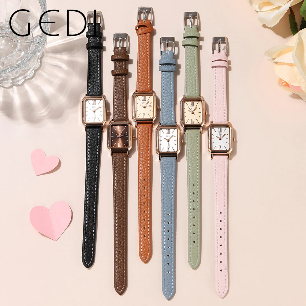 Fashion Gedi Top Brand Waterproof Rectangle Small Women Watches Vintage Coffee Leather Strap Casual Quartz Ladies Wrist Watches