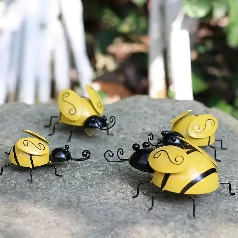 Metal Wall Art, 4PCS Metal Bumble Bee Wall Decor, 3D Iron Bee Art Sculpture Hanging Wall Decorations for Outdoor Home Garden