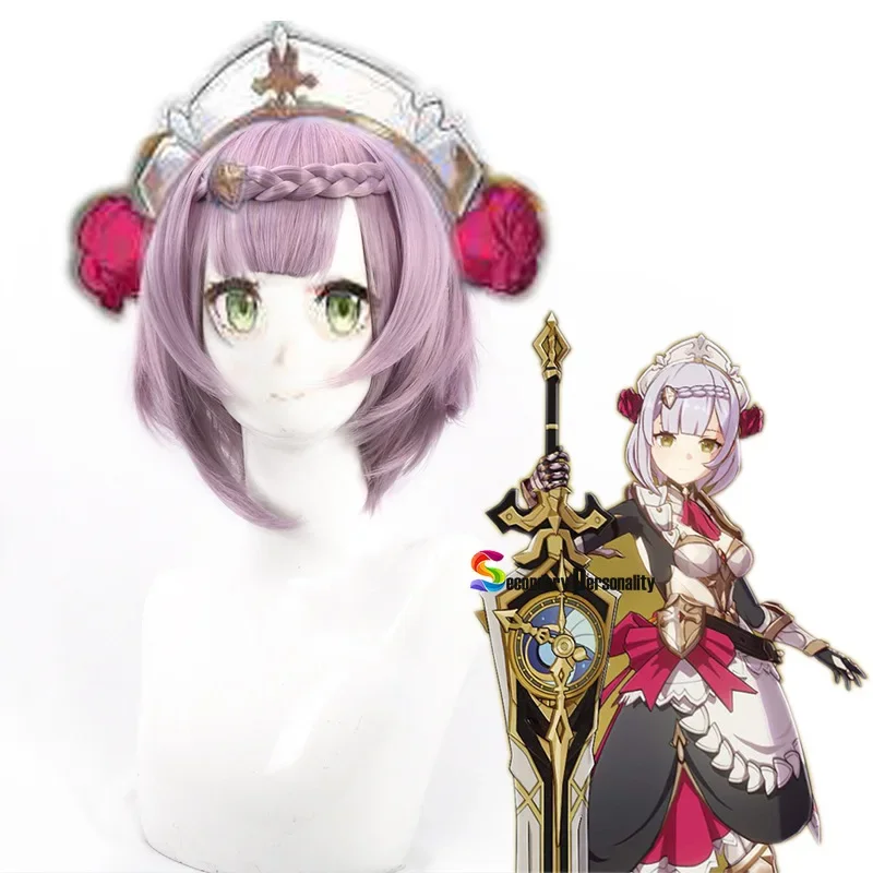 Genshin Impact Game Noelle Light Purple Short Role Play Cosplay Heat Resistant Synthetic Hair 2021 Cosplay Wig Free Wig Cap