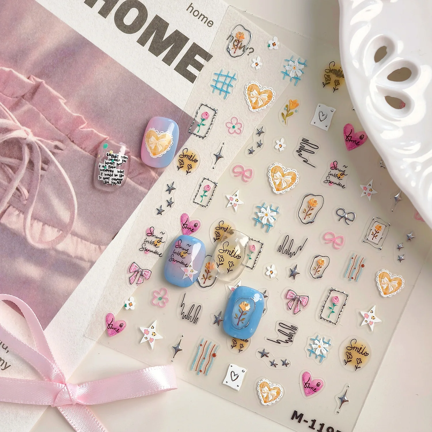 الفضة الملونة الكتابة على الجدران نجوم ارتفع Bowknot الحب النص خطوط 5D تنقش ذاتية اللصق مسمار الفن ملصقات جميلة ثلاثية الأبعاد مانيكير الشارات