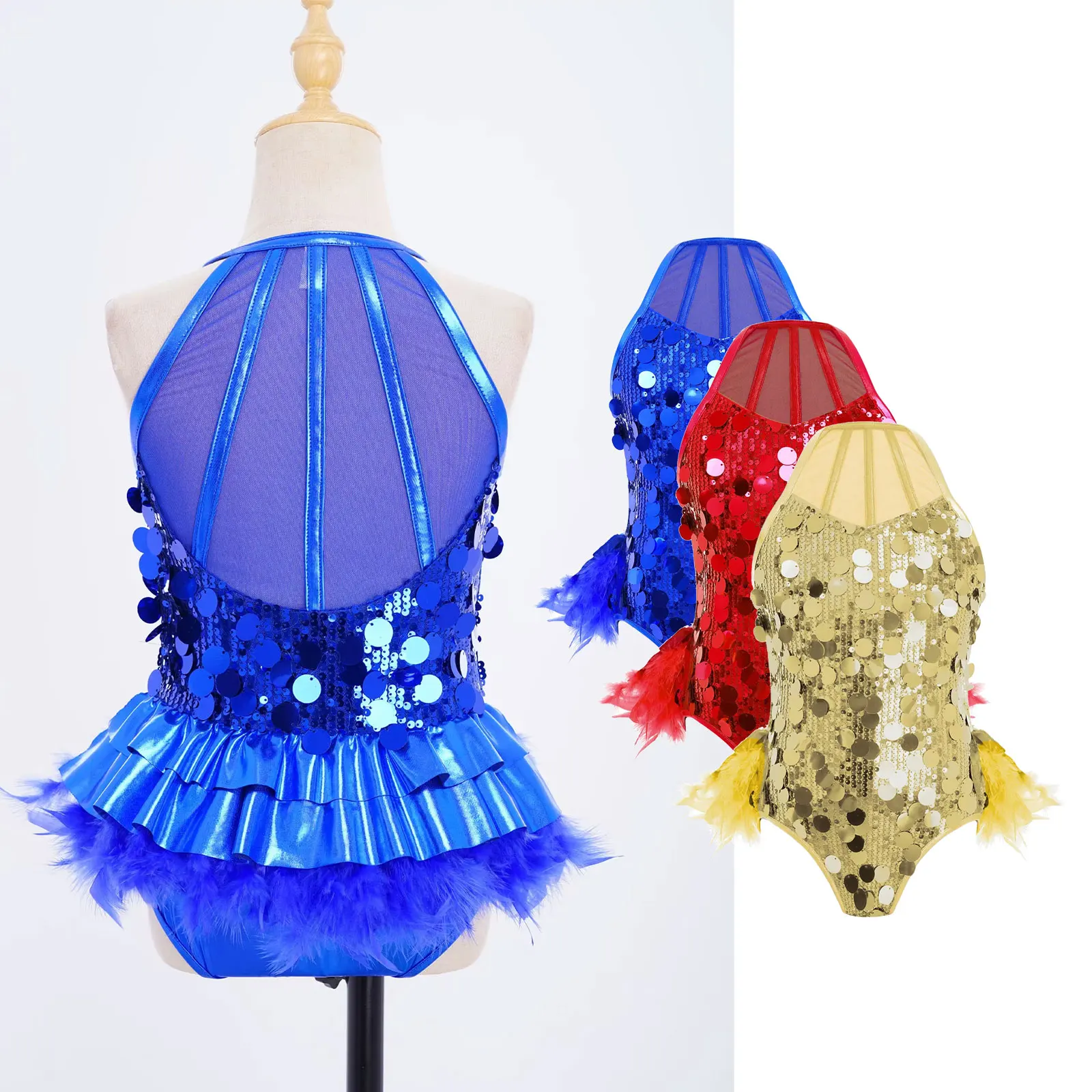 

Kids Girls Ballet Dancing Costume Shiny Sequins Feather Tulle Skirted Bodysuit Leotard Gymnastics Skating Workout Performance