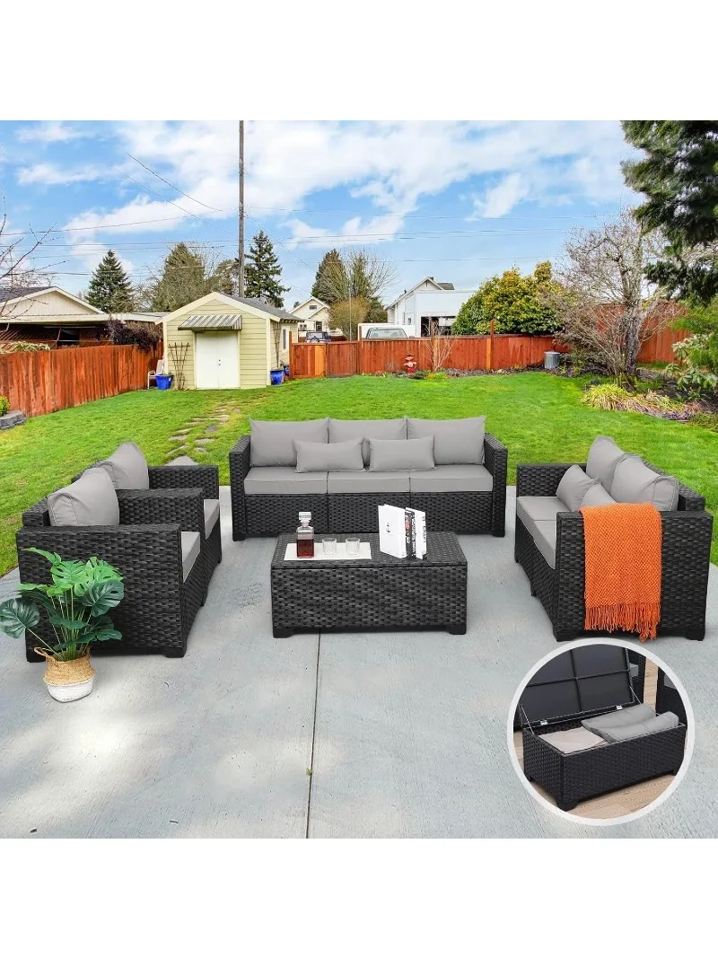 5-Piece Patio Furniture Sofa Set Outdoor Wicker Sectional Couch with Storage Table No-Slip Cushions Furniture Covers