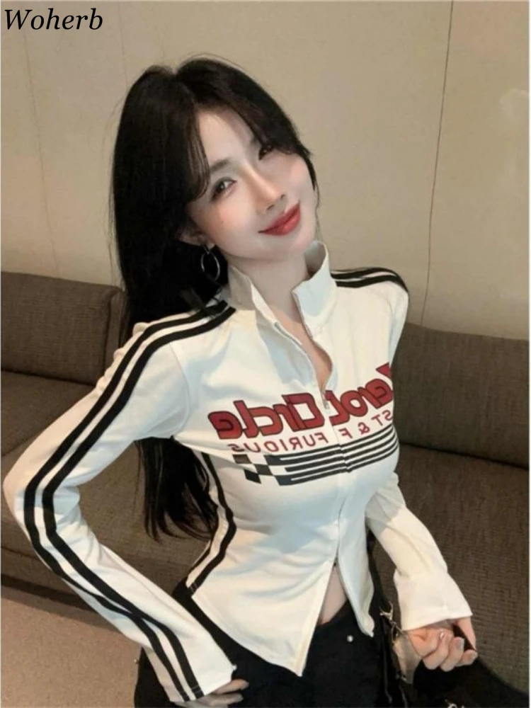 

Осенние модные куртки с буквенным принтом, женская одежда, туника с двойной молнией, топы Y2k, 2025 Ropa Mujer, повседневное облегающее пальто со стойкой и воротником-стойкой