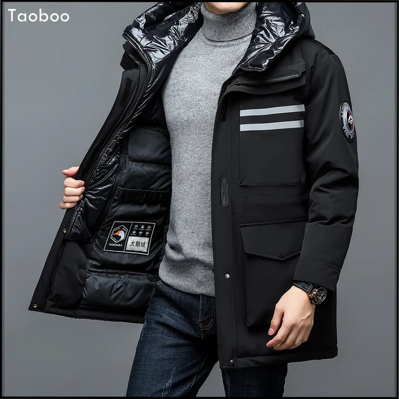 Taoboo 2023 de alta qualidade jaqueta inverno sólida listrado moda masculina casacos com capuz coletes acolchoado pato para baixo alta rua solta parkas