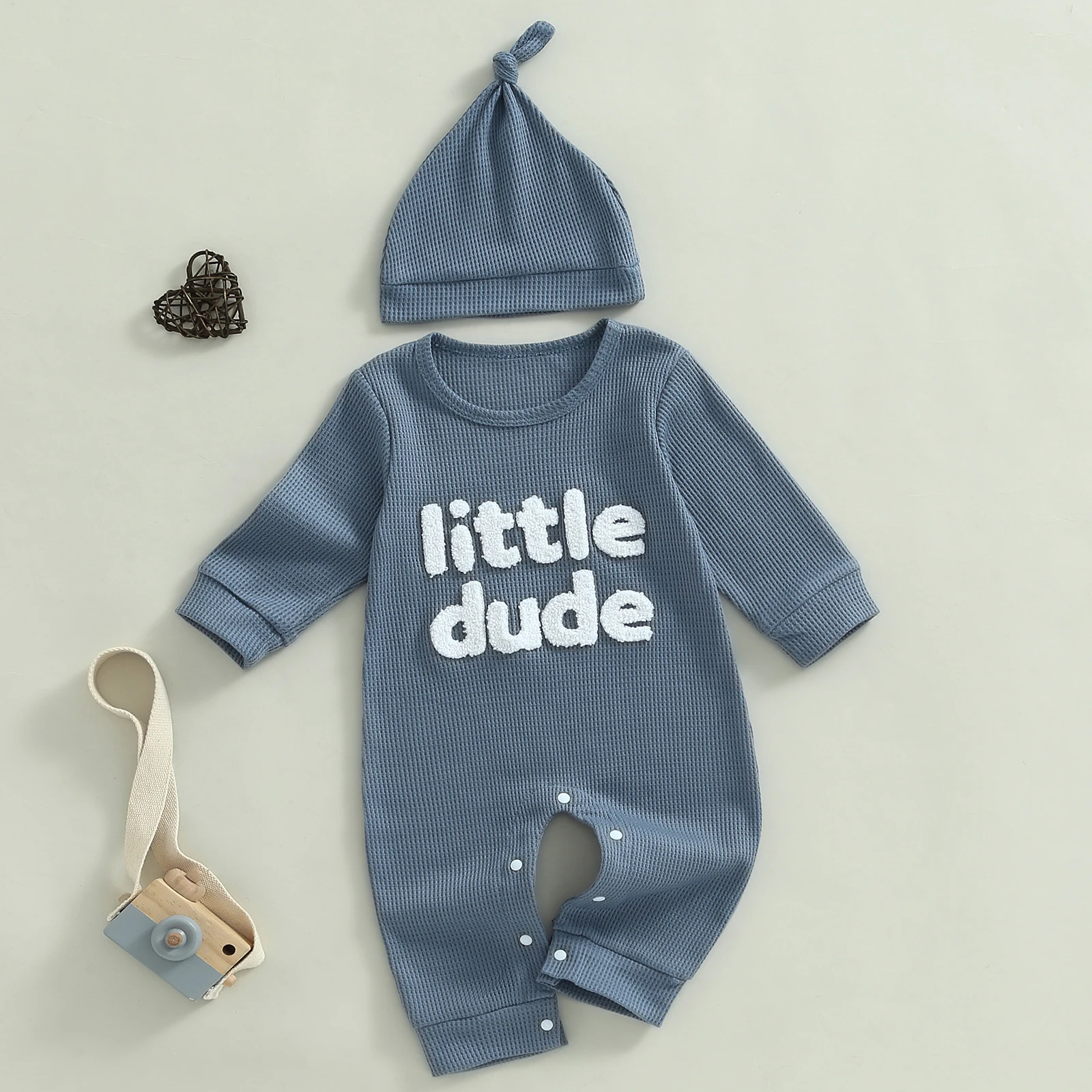 Newborn Baby Boy Waffle Romper Letter Embroidery Long Sleeve Full Length Jumpsuit with Hat Fall Winter Casual Overall Clothes